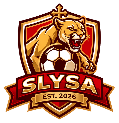 Saint Luigi Youth Soccer Alliance shield crest: a gold cougar leaping over a soccer ball beneath a cross, with a red SLYSA banner reading Est. 2026